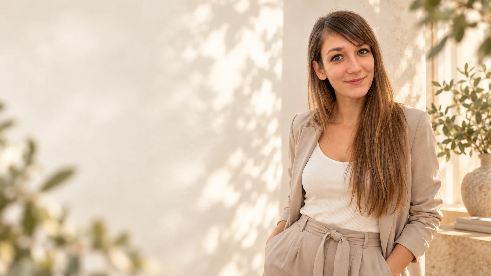 Mateja Pučko v svetlem elegantnem suknjiču, naraven portret